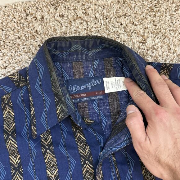 Wrangler X-Long Tails 15-33 Blue Aztec Pearl Snap Button Up Western Shirt Large - Picture 3 of 9